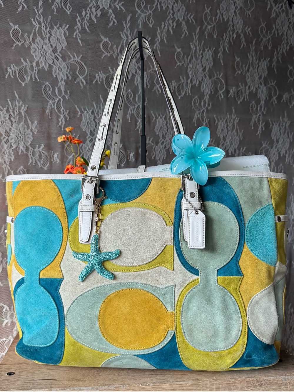 Coach Suede Tote in Turquoise, Yellow, Cream and White